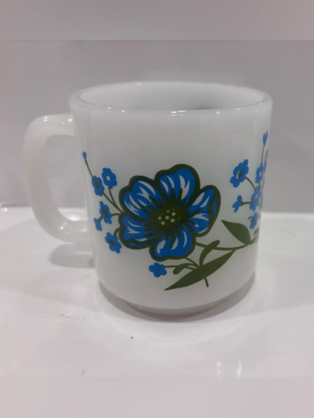 Vintage Glasbake Blue Floral Milk Glass Coffee Mug Heat Resistant USA